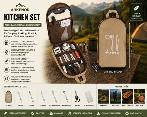 Arkenor CampChef™ – 8-teiliges Camping-Kochgeschirr & Besteckset