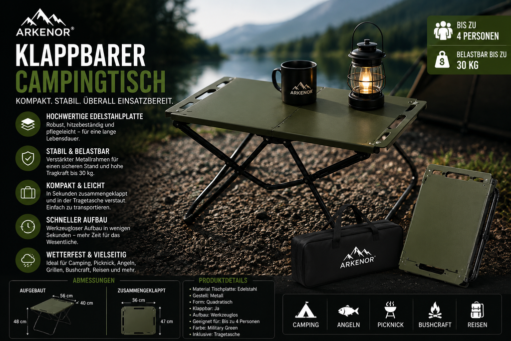 Arkenor Klappbarer Campingtisch – Leichter Outdoor-Tisch aus Edelstahl