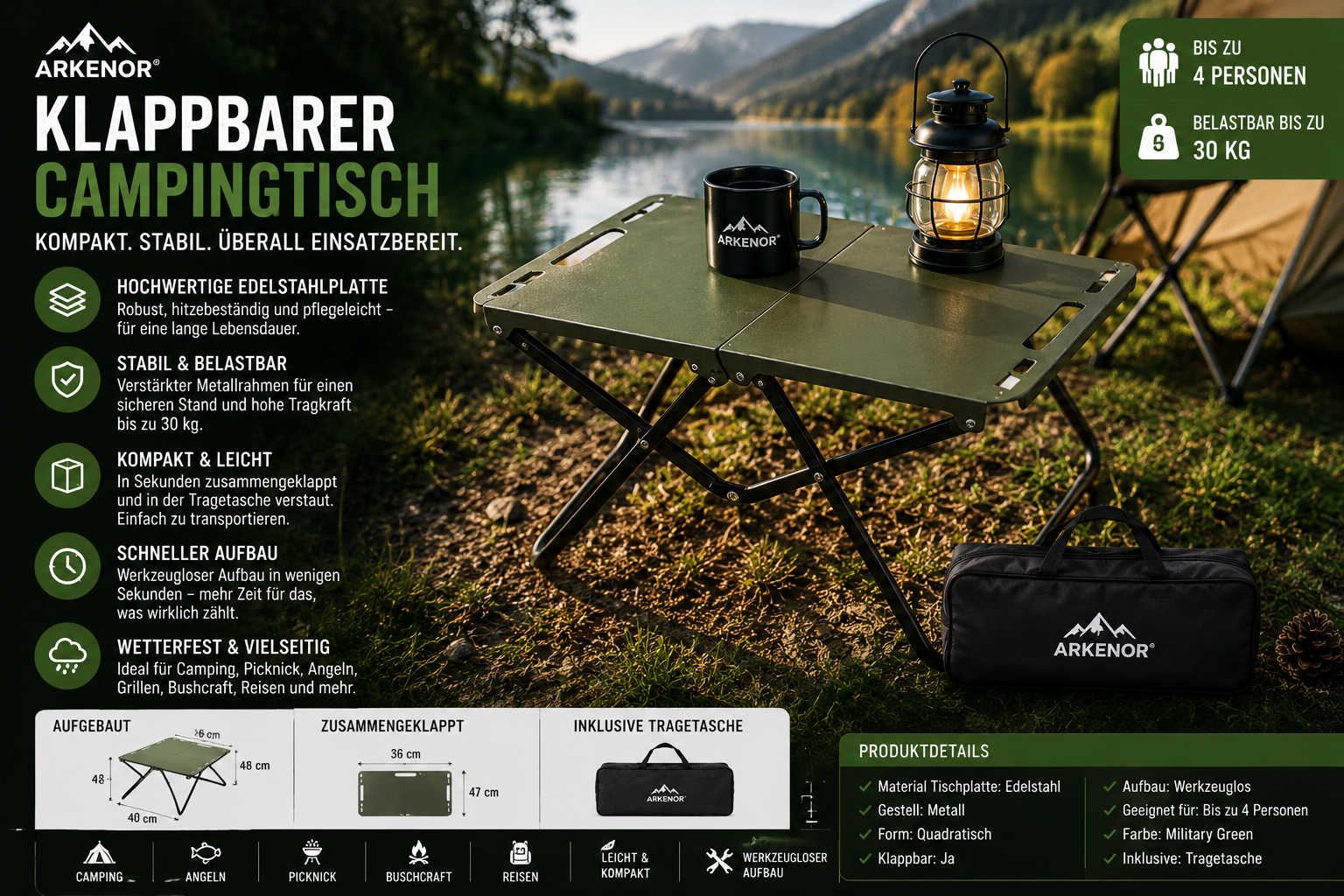 Arkenor Klappbarer Campingtisch – Leichter Outdoor-Tisch aus Edelstahl