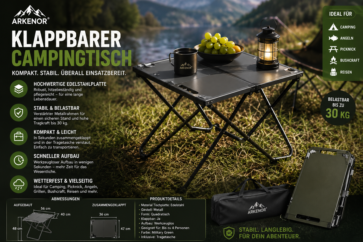 Arkenor Klappbarer Campingtisch – Leichter Outdoor-Tisch aus Edelstahl