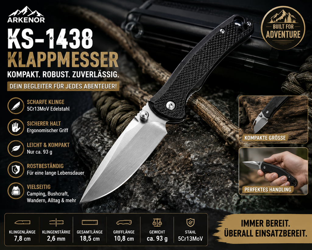 Arkenor Klappmesser KS-1438 – Kompaktes Outdoor-Taschenmesser aus Edelstahl