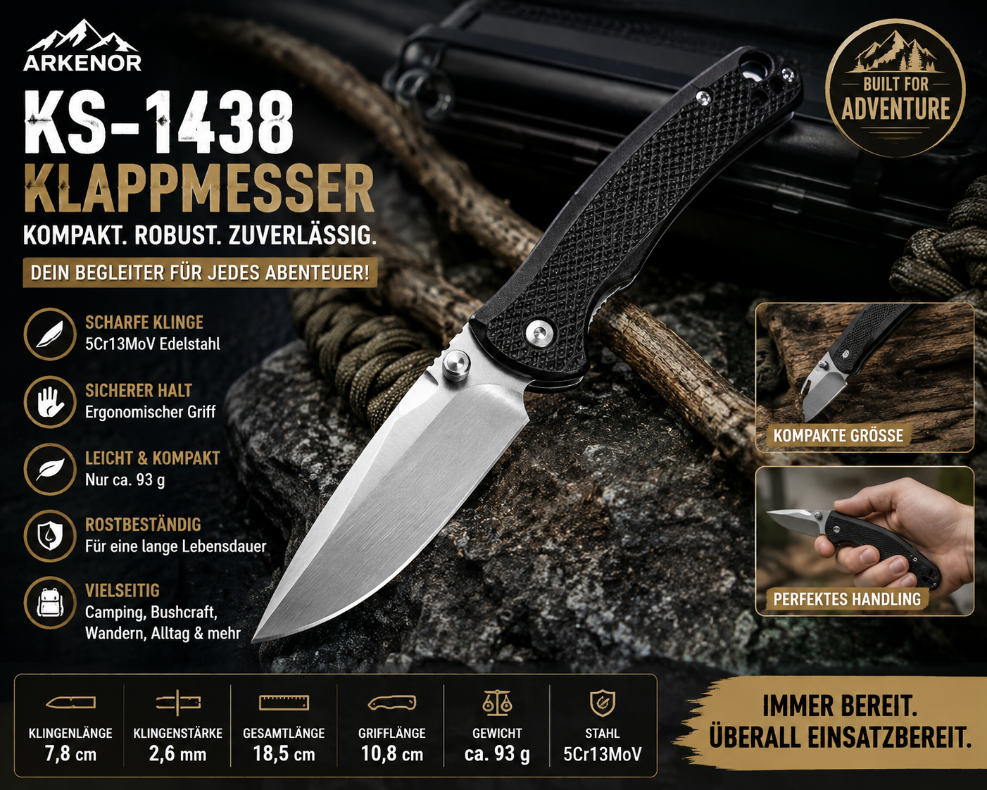 Arkenor Klappmesser KS-1438 – Kompaktes Outdoor-Taschenmesser aus Edelstahl