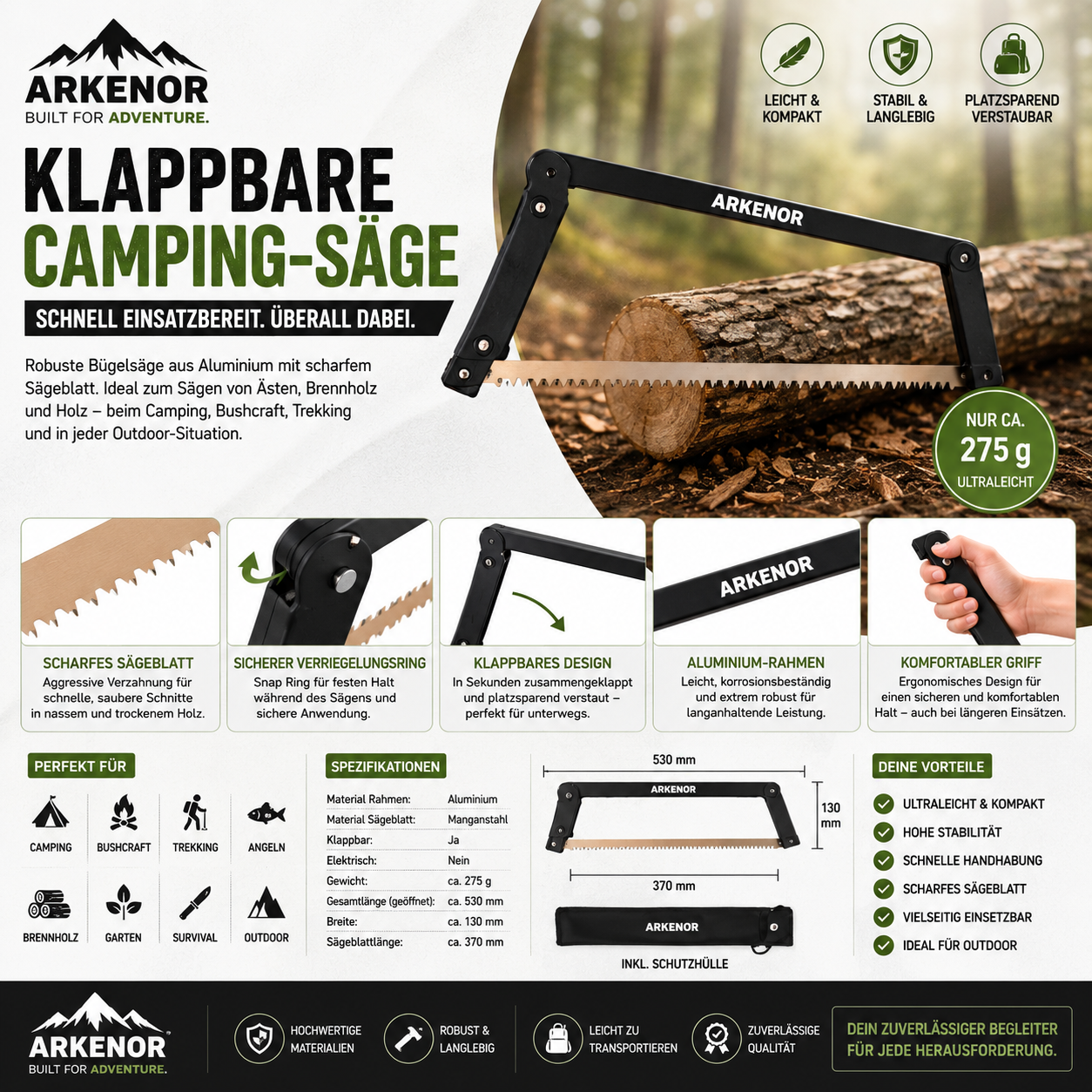 Arkenor Widesa Klappbare Camping-Bügelsäge-Leichte Outdoor-Säge aus Aluminium