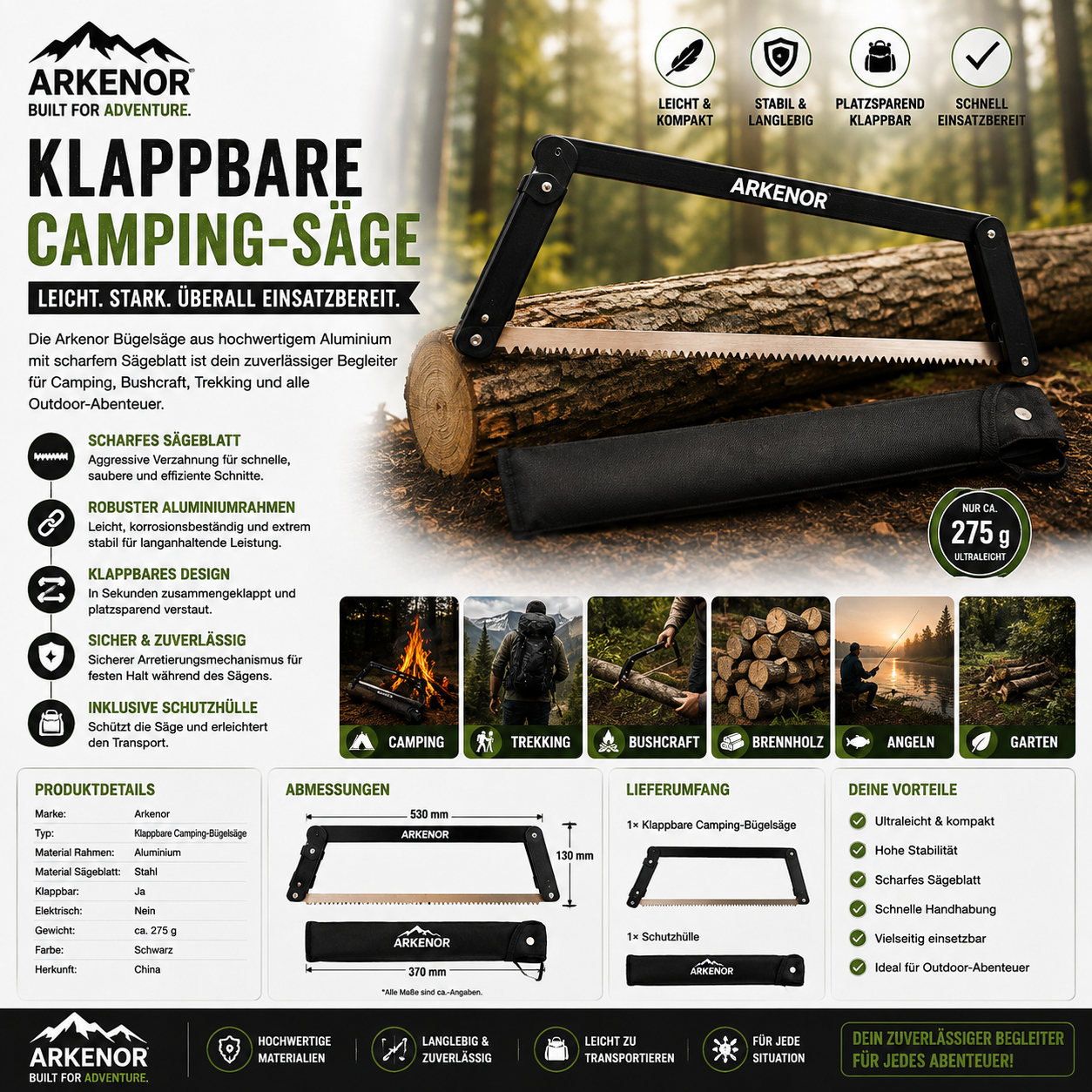 Arkenor Widesa Klappbare Camping-Bügelsäge-Leichte Outdoor-Säge aus Aluminium