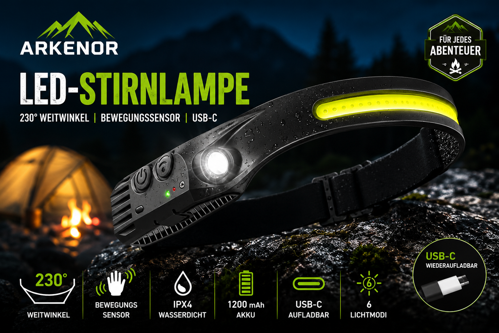 LED-Stirnlampe mit Bewegungssensor – 230° Weitwinkel & USB wiederaufladbar