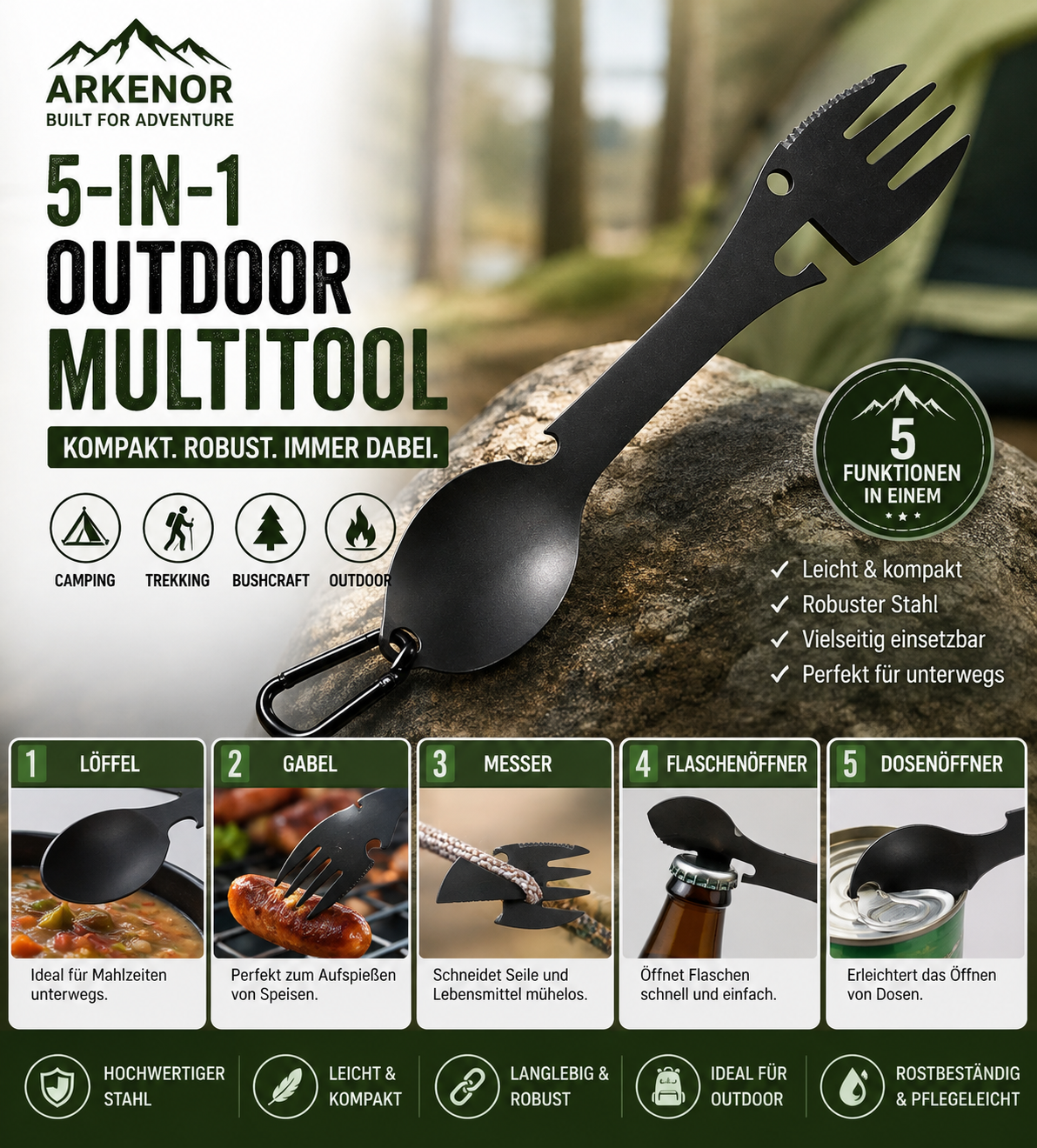 Arkenor Outdoor-Multitool 5-in-1 | Campingbesteck aus Stahl