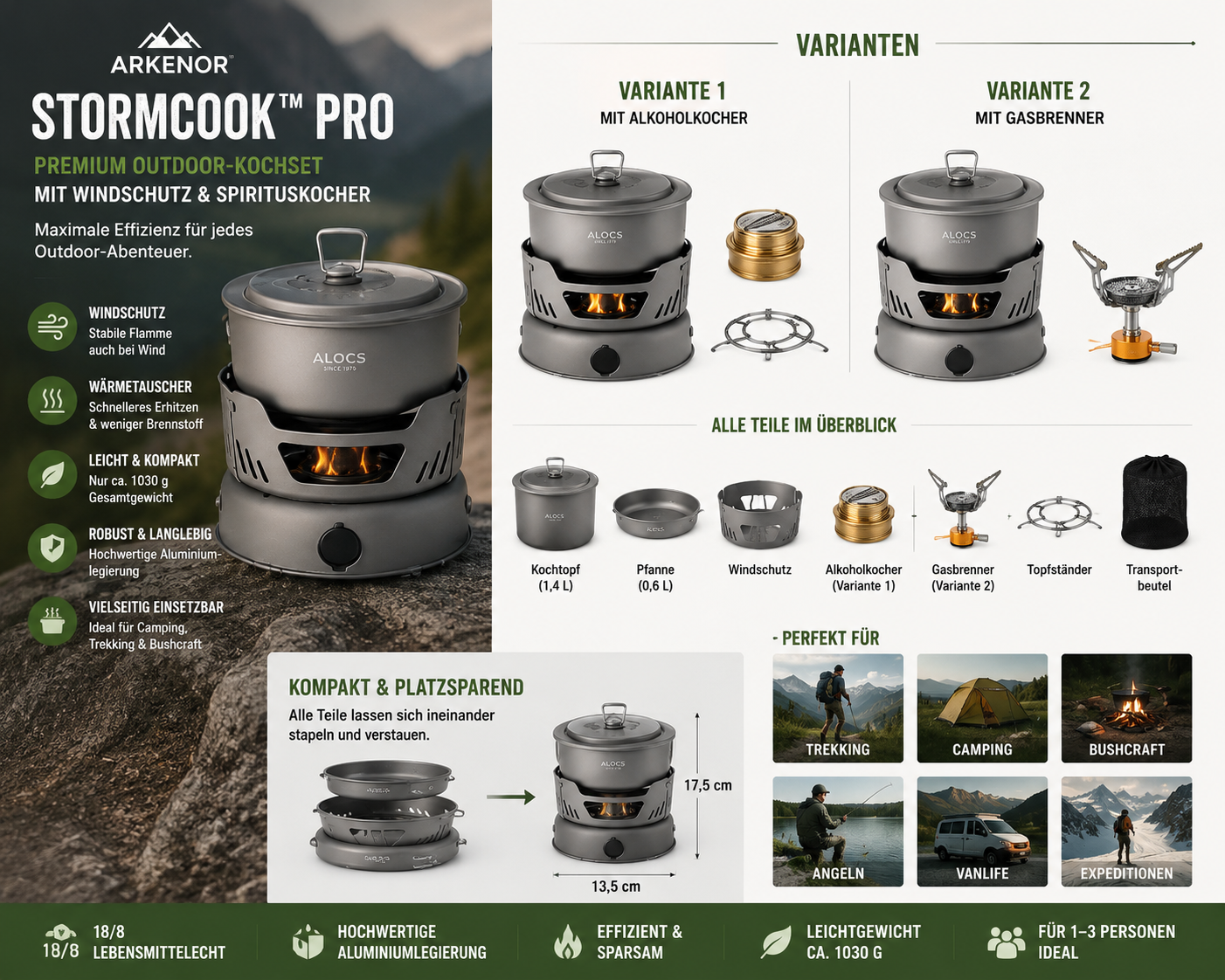Arkenor StormCook™ Pro | Premium Outdoor-Kochset mit Spirituskocher