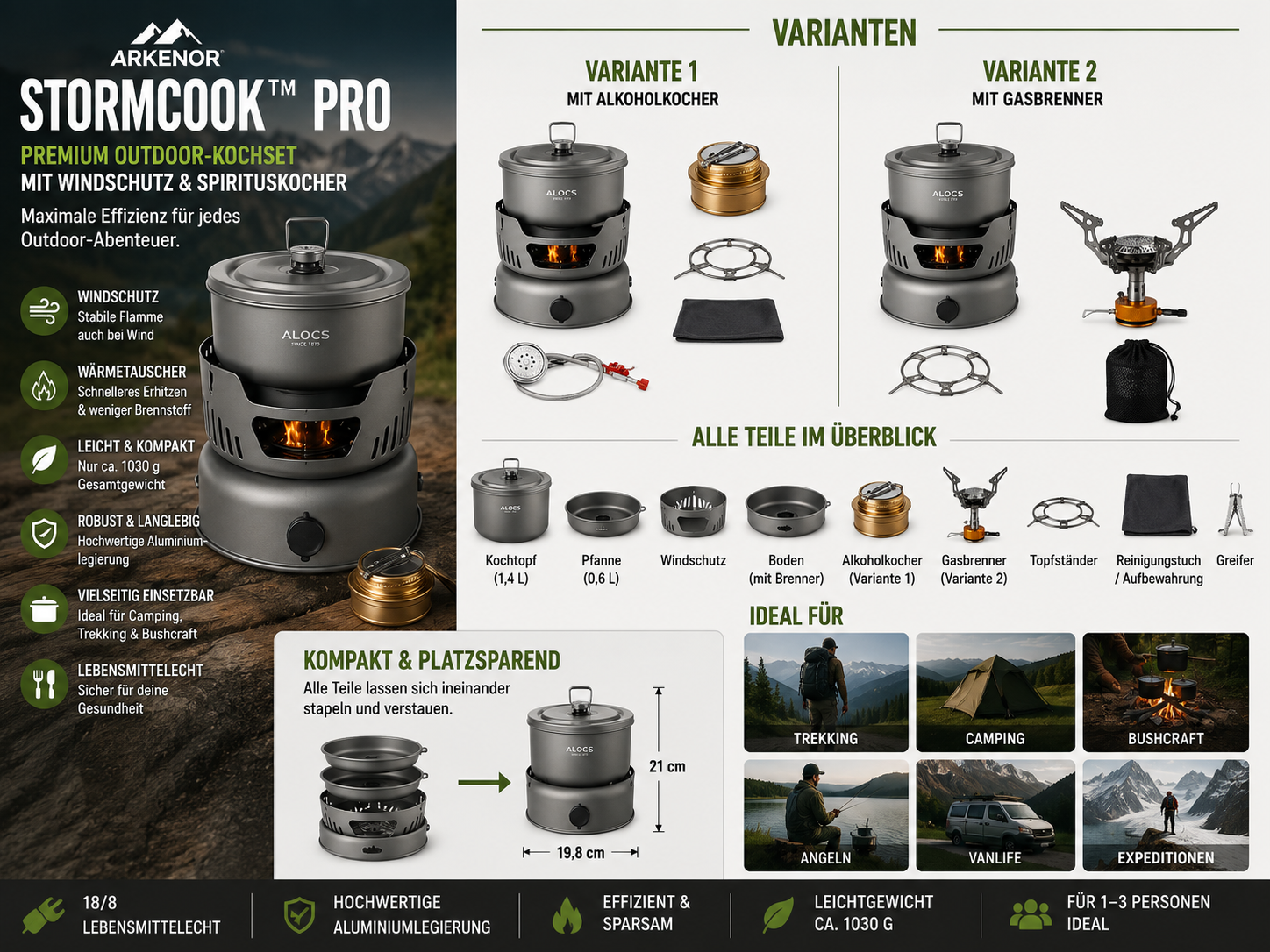 Arkenor StormCook™ Pro | Premium Outdoor-Kochset mit Spirituskocher