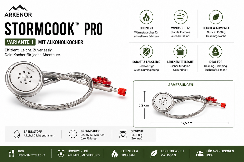Arkenor StormCook™ Pro | Premium Outdoor-Kochset mit Spirituskocher