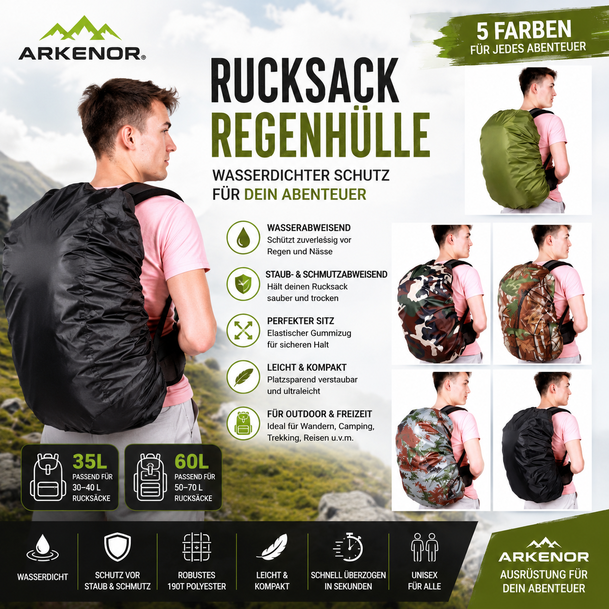 Regenhülle für Rucksäcke – Wasserdichter Regenschutz 35L/60L