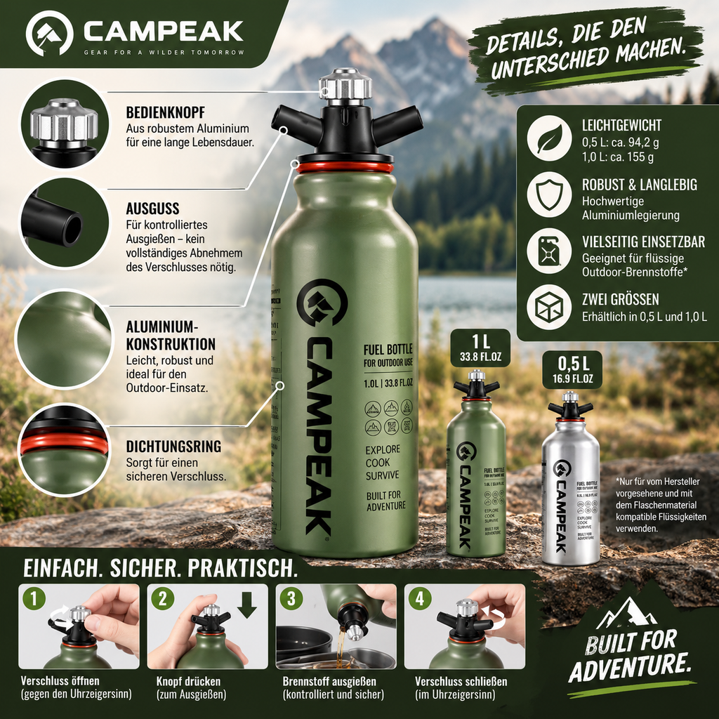 CAMPEAK Flüssigbrennstoffflasche 0,5 L / 1 L – Aluminium Outdoor-Brennstoffflasche mit Sicherheitsventil