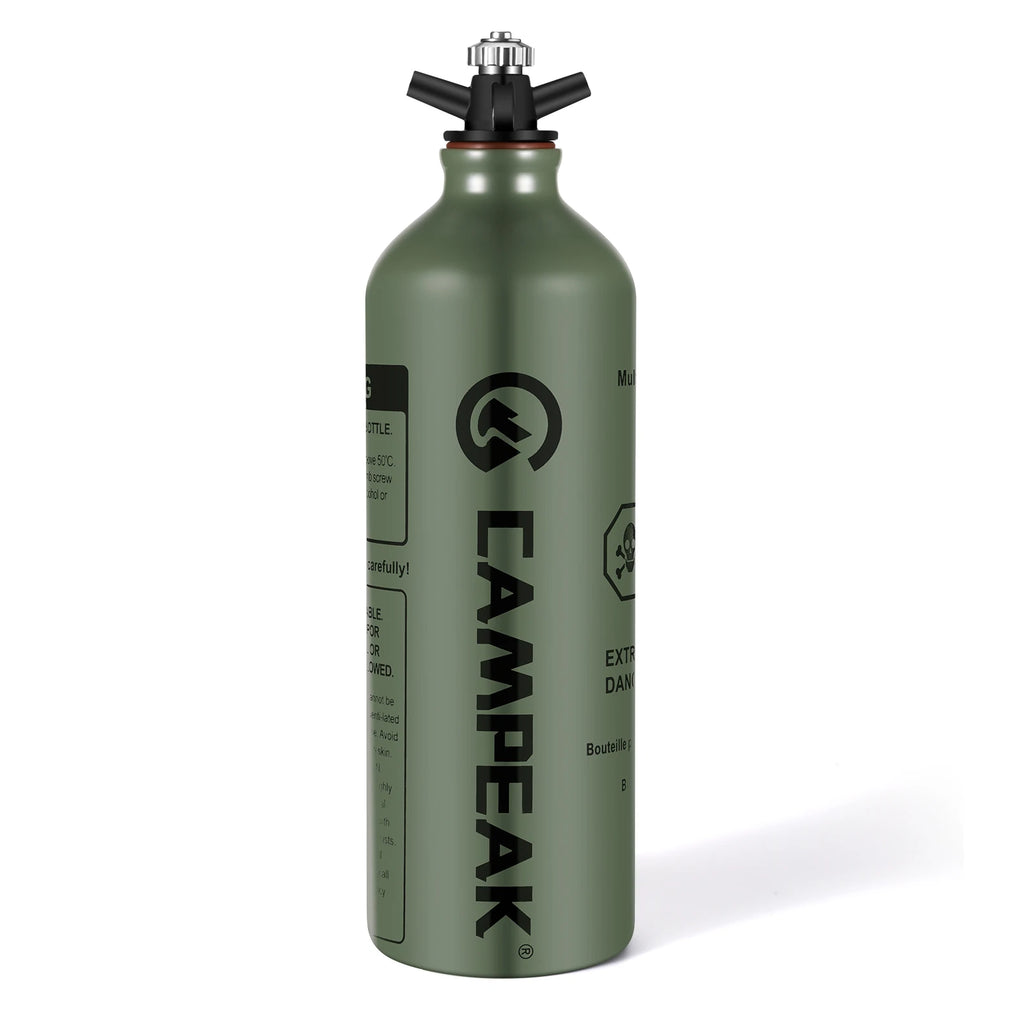 CAMPEAK Flüssigbrennstoffflasche 0,5 L / 1 L – Aluminium Outdoor-Brennstoffflasche mit Sicherheitsventil