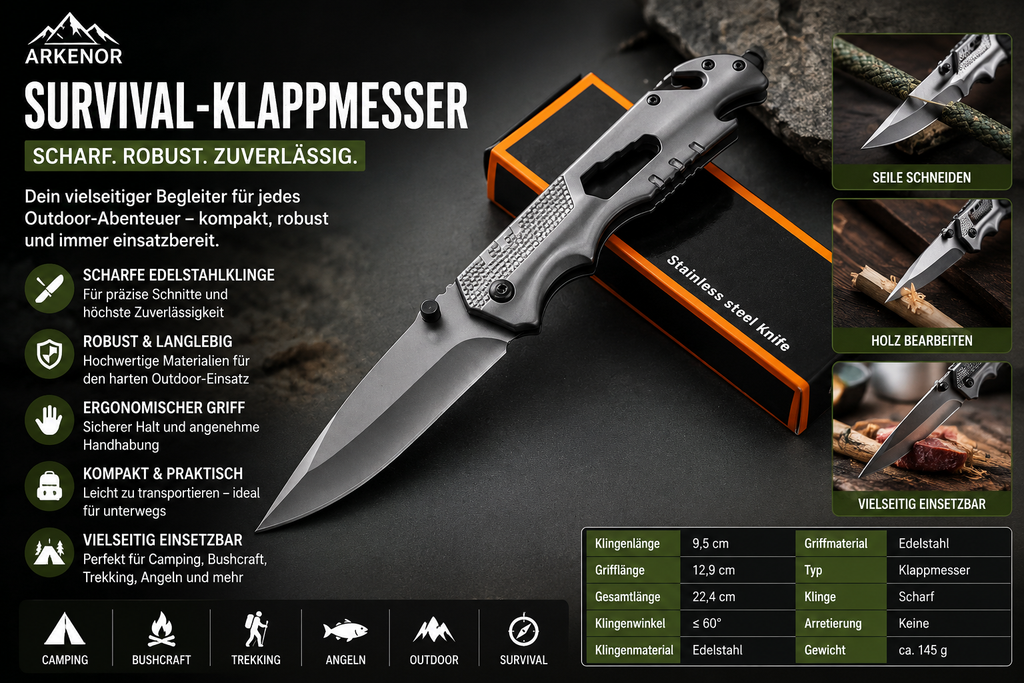 Arkenor Survival-Klappmesser – Robustes Outdoor-Taschenmesser