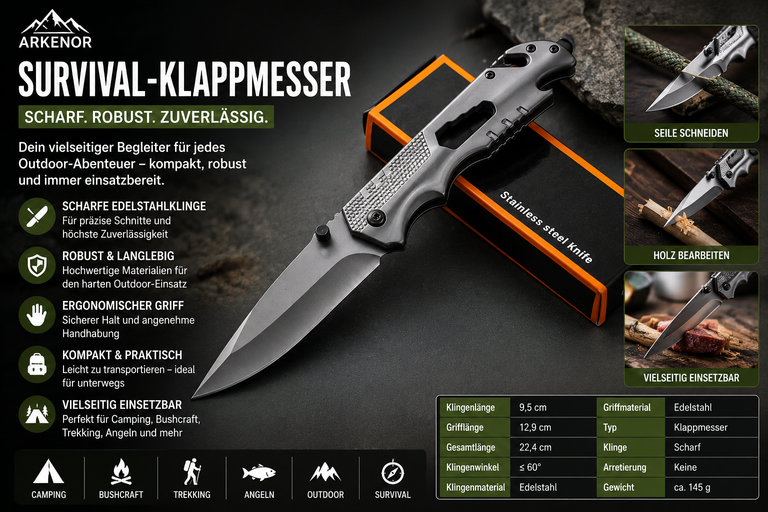 Arkenor Survival-Klappmesser – Robustes Outdoor-Taschenmesser