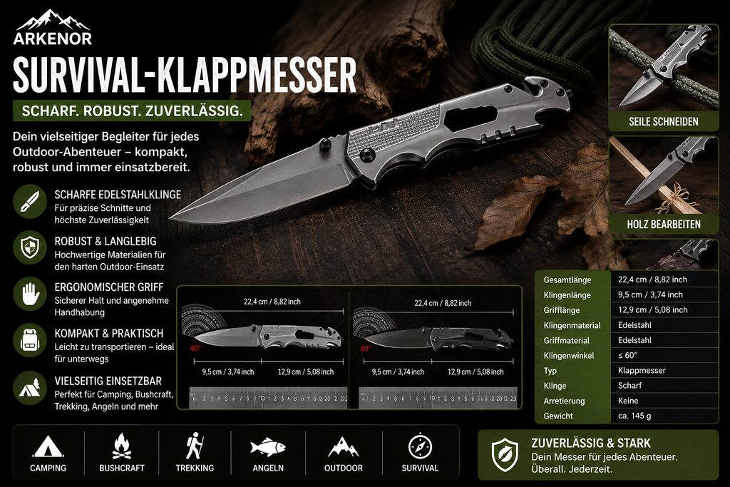 Arkenor Survival-Klappmesser – Robustes Outdoor-Taschenmesser