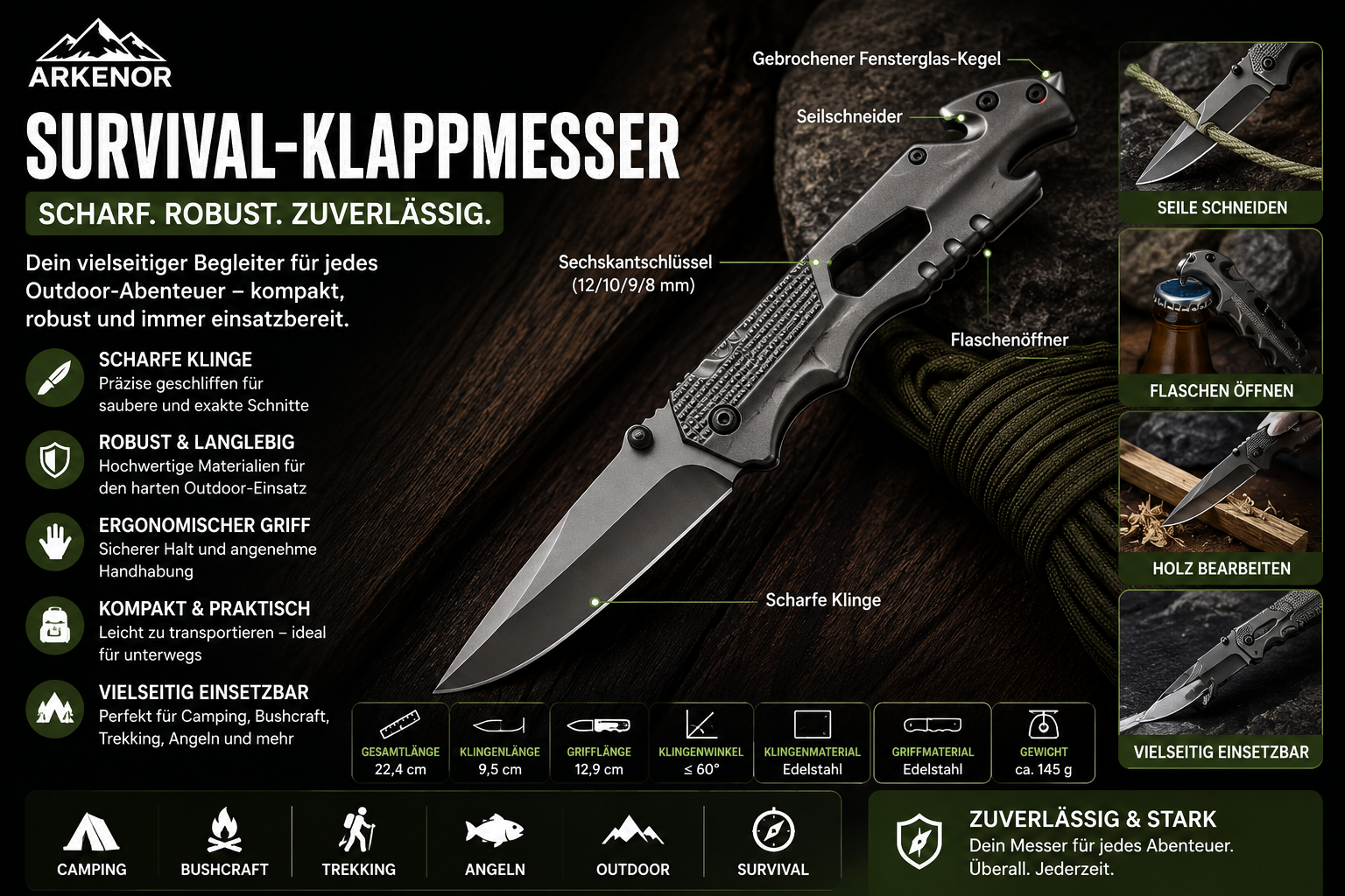Arkenor Survival-Klappmesser – Robustes Outdoor-Taschenmesser