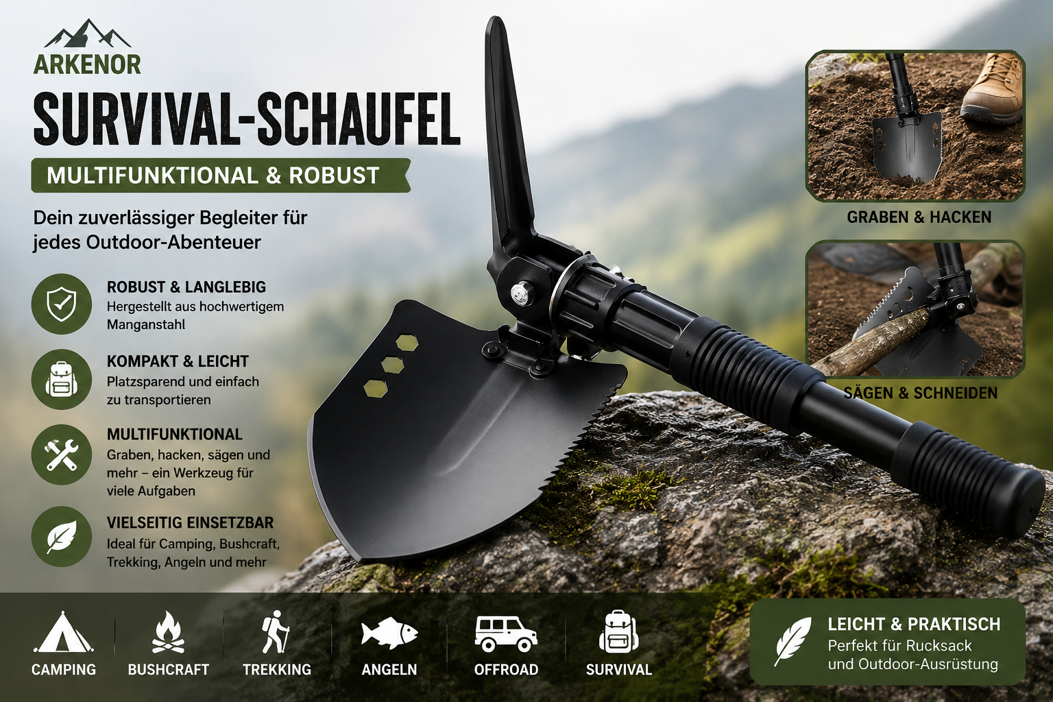 Arkenor Survival-Schaufel – Kompakte Multifunktions-Schaufel
