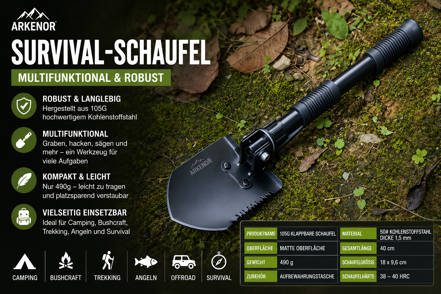 Arkenor Survival-Schaufel – Kompakte Multifunktions-Schaufel