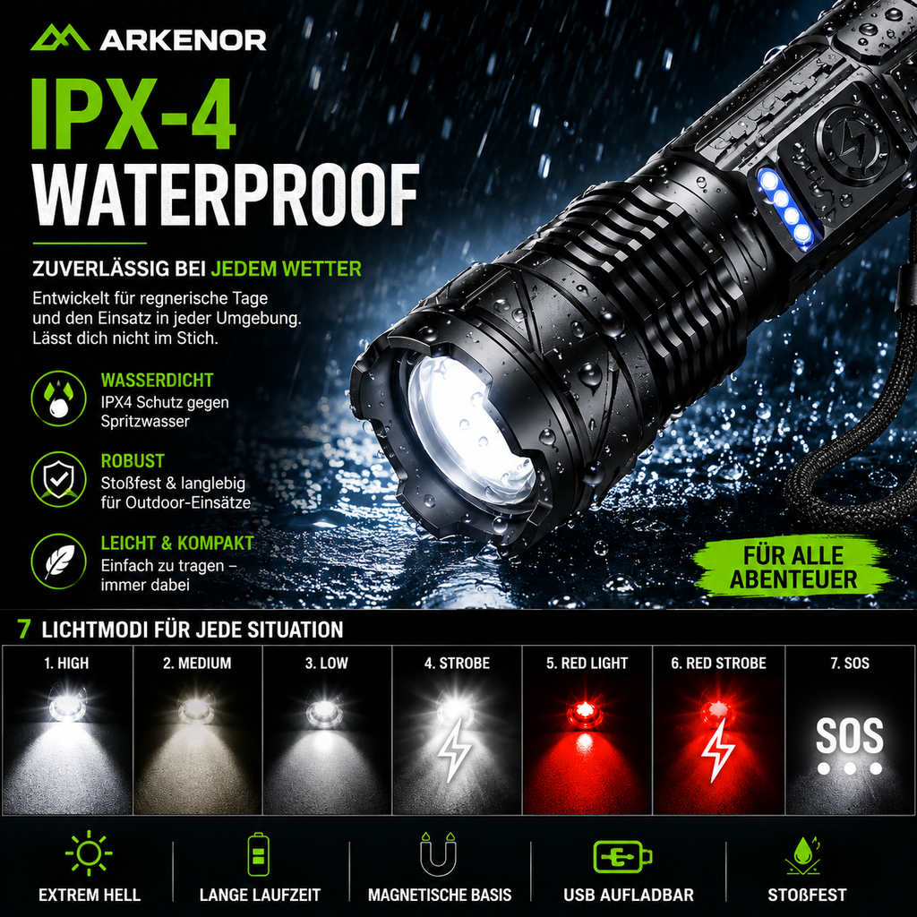 Arkenor LED-Taschenlampe XHP70 – Wiederaufladbar | 2300 Lumen
