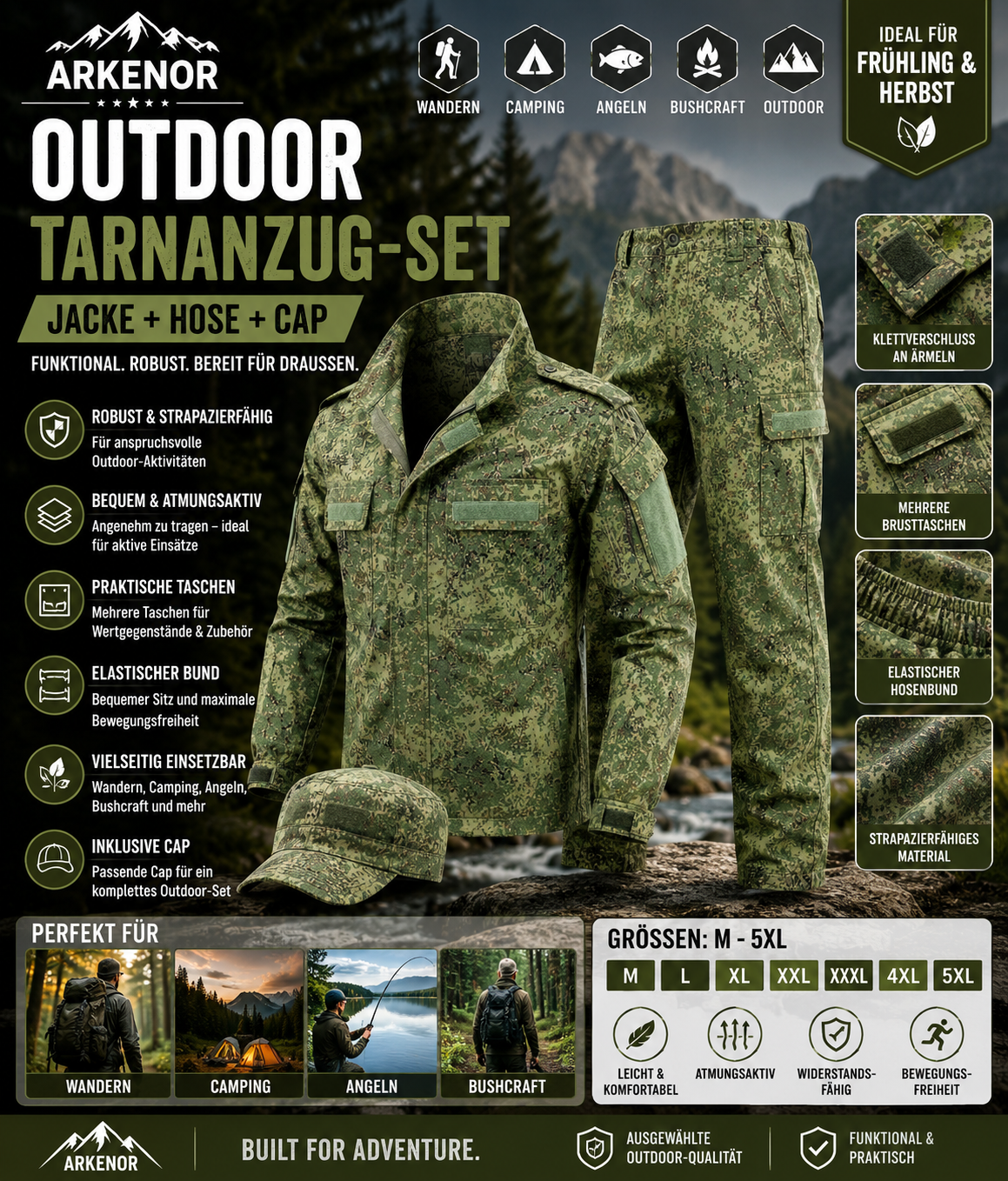 ARKENOR Outdoor Tarnanzug Herren – 3-teiliges Camouflage-Set mit Jacke, Hose & Cap