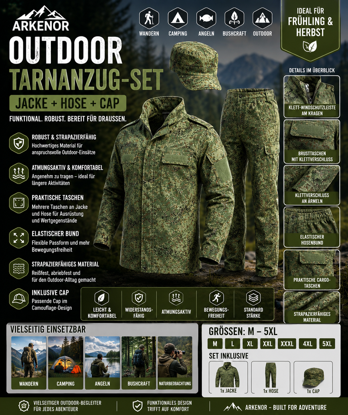 ARKENOR Outdoor Tarnanzug Herren – 3-teiliges Camouflage-Set mit Jacke, Hose & Cap