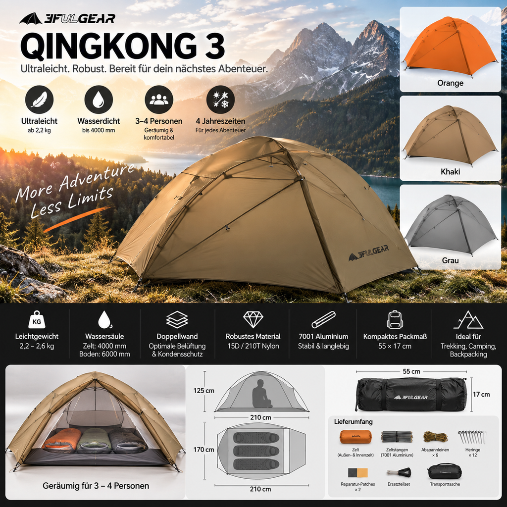 QingKong Trekkingzelt – ultraleichtes Doppelwandzelt für bis zu 3 Personen
