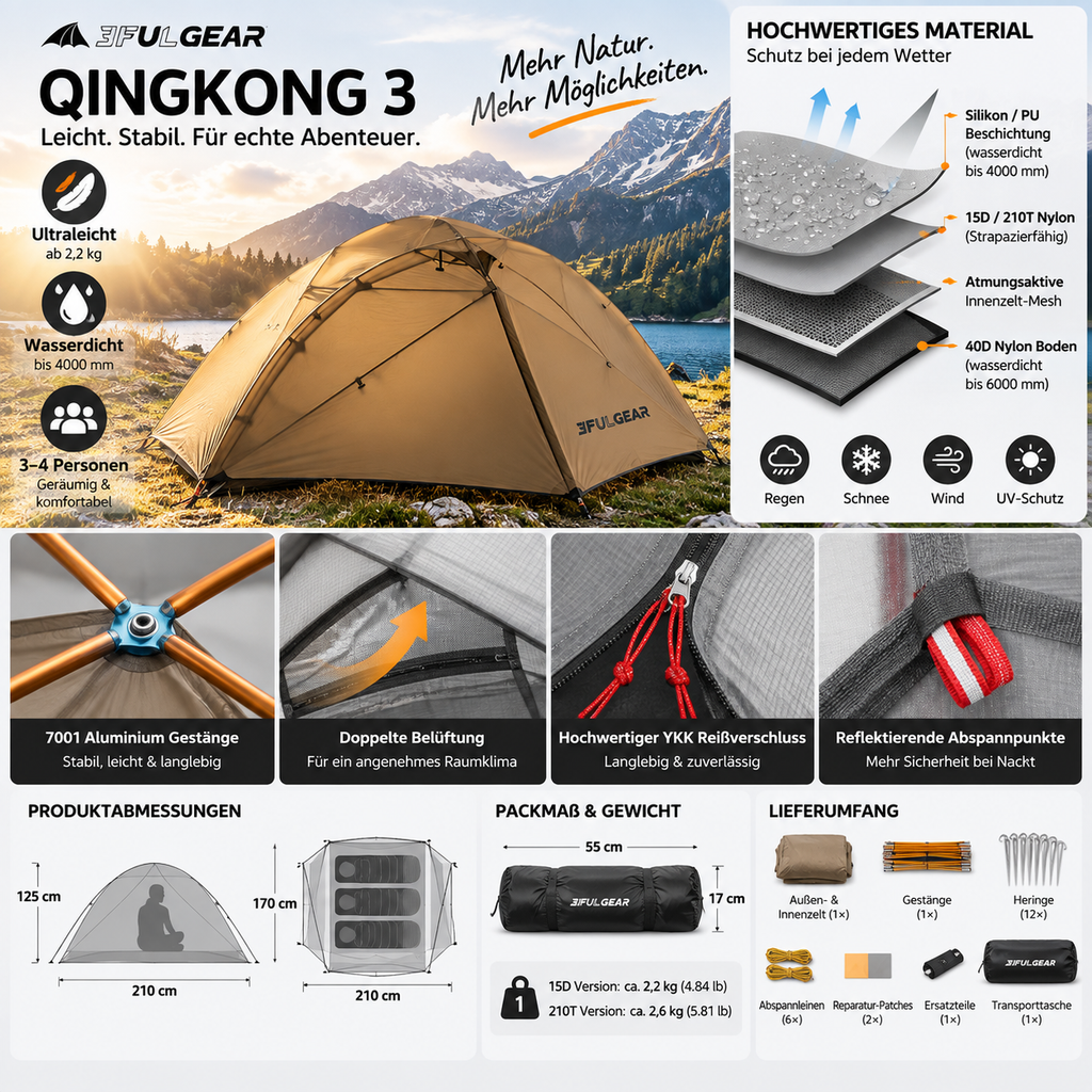 QingKong Trekkingzelt – ultraleichtes Doppelwandzelt für bis zu 3 Personen