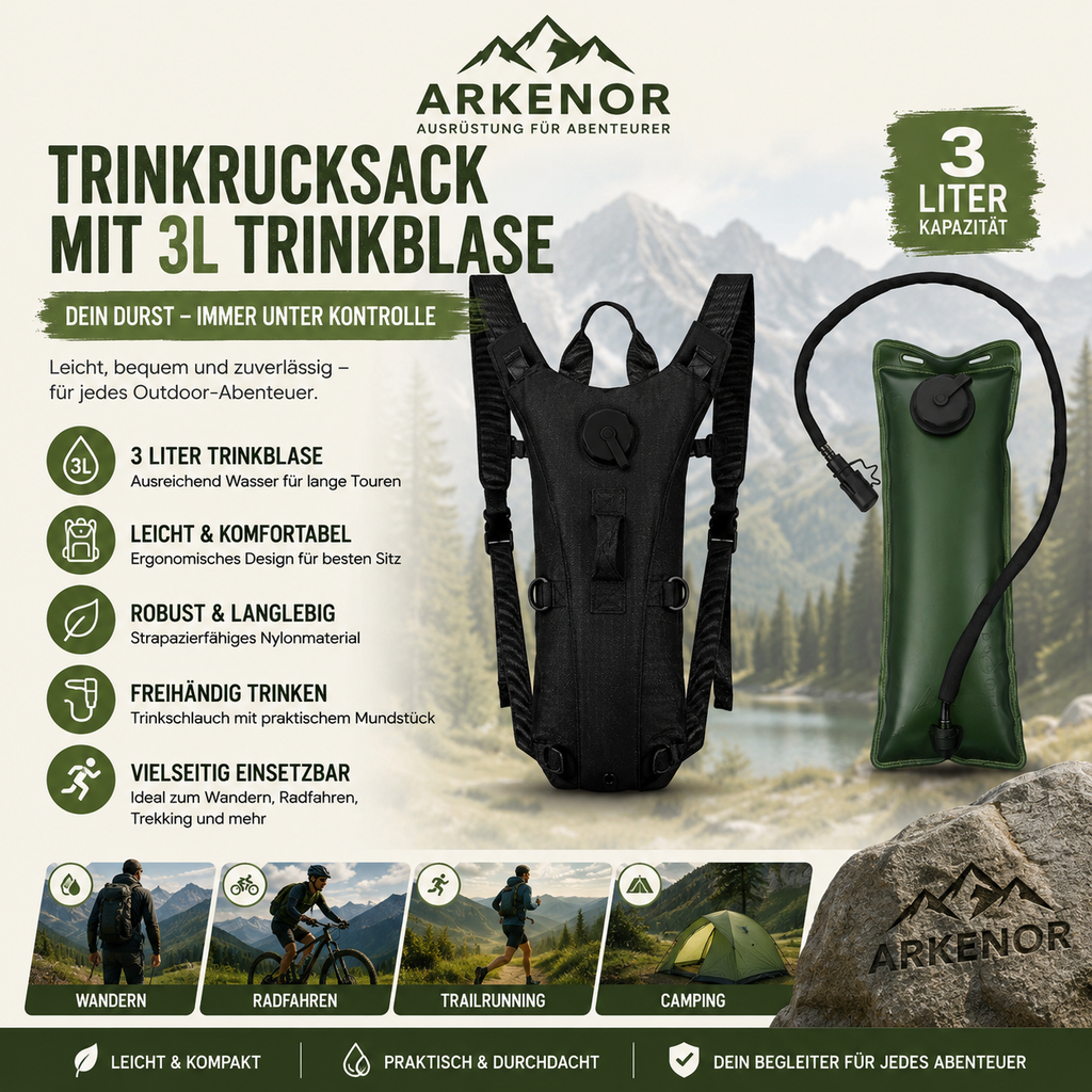 Arkenor Trinkrucksack 3L – Hydration Pack mit Trinkblase für Wandern & Fahrrad