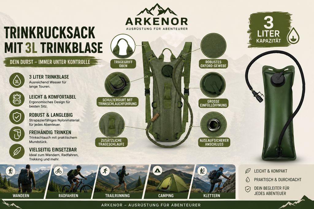 Arkenor Trinkrucksack 3L – Hydration Pack mit Trinkblase für Wandern & Fahrrad