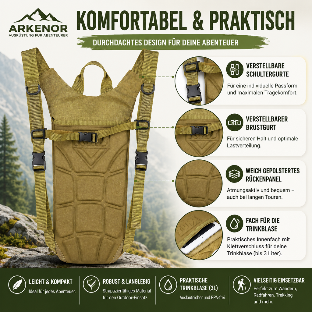 Arkenor Trinkrucksack 3L – Hydration Pack mit Trinkblase für Wandern & Fahrrad