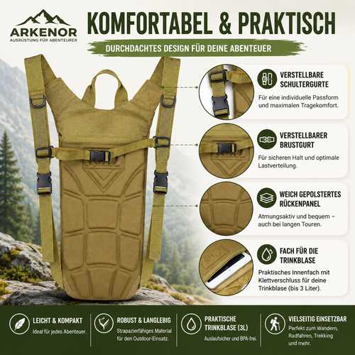 Arkenor Trinkrucksack 3L – Hydration Pack mit Trinkblase für Wandern & Fahrrad